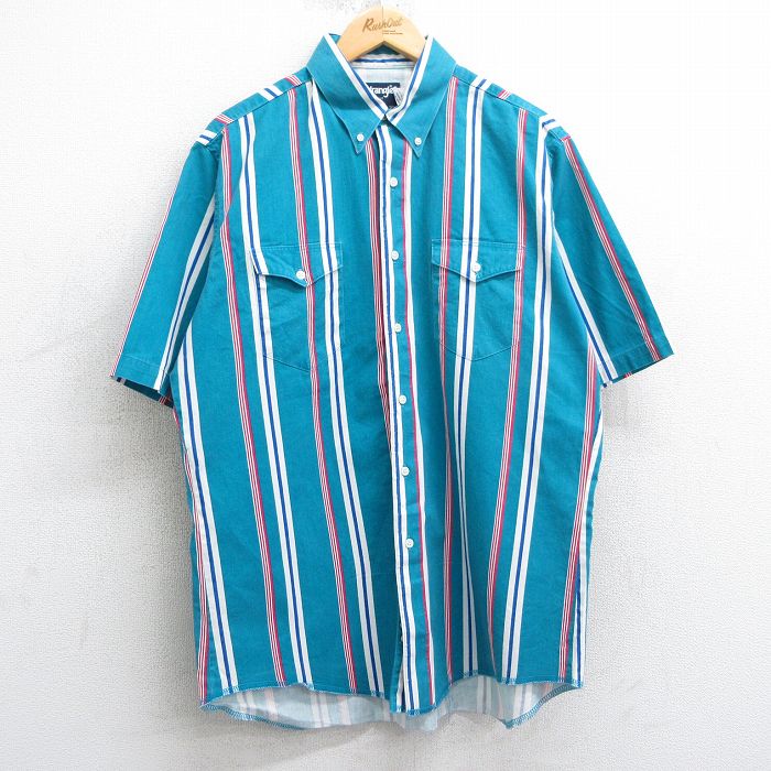 L★古着 ラングラー Wrangler 半袖 ウエスタン シャツ メンズ 90年代 90s コットン ボタンダウン 青緑他 ストライプ 25apr04 中古 トップス