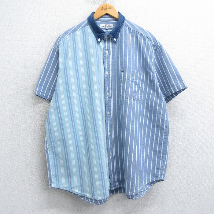 XL★古着 ゲス GUESS 半袖 ブランド シャツ メンズ 90年代 90s 襟デニム 大きいサイズ ロング丈 コットン ボタンダウン USA製 薄紺他 ネイビー ストライプ 【spe】 25apr04 中古 トップス