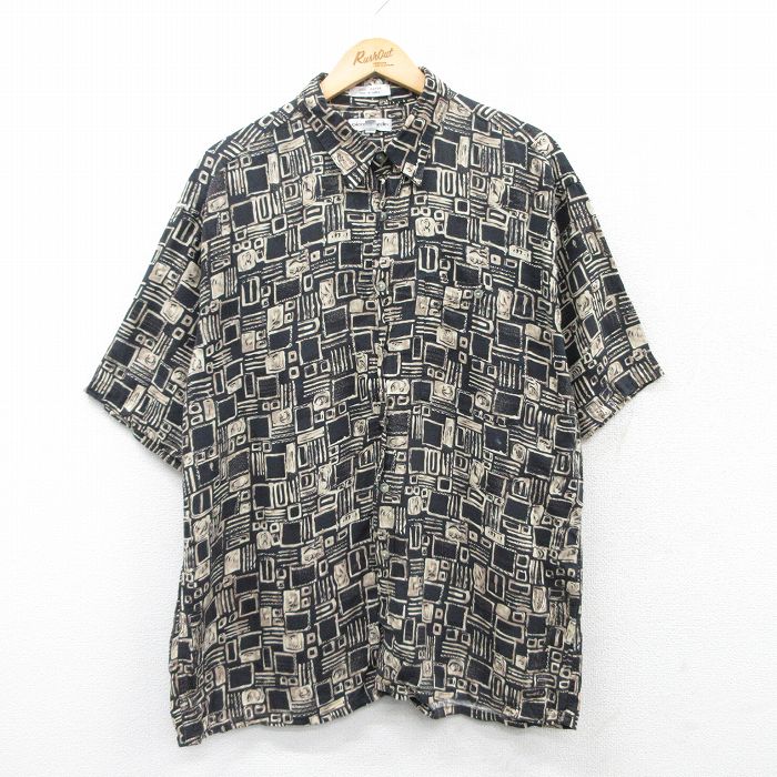 XL★古着 ピエールカルダン pierre cardin 半袖 ブランド シャツ メンズ 90年代 90s レーヨン 黒他 ブラック 25apr05 中古 トップス