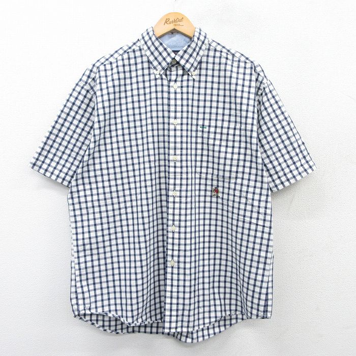 XL★古着 トミーヒルフィガー TOMMY HILFIGER 半袖 ブランド シャツ メンズ ワンポイントロゴ コットン ボタンダウン 紺他 ネイビー チェック 25apr05 中古 トップス