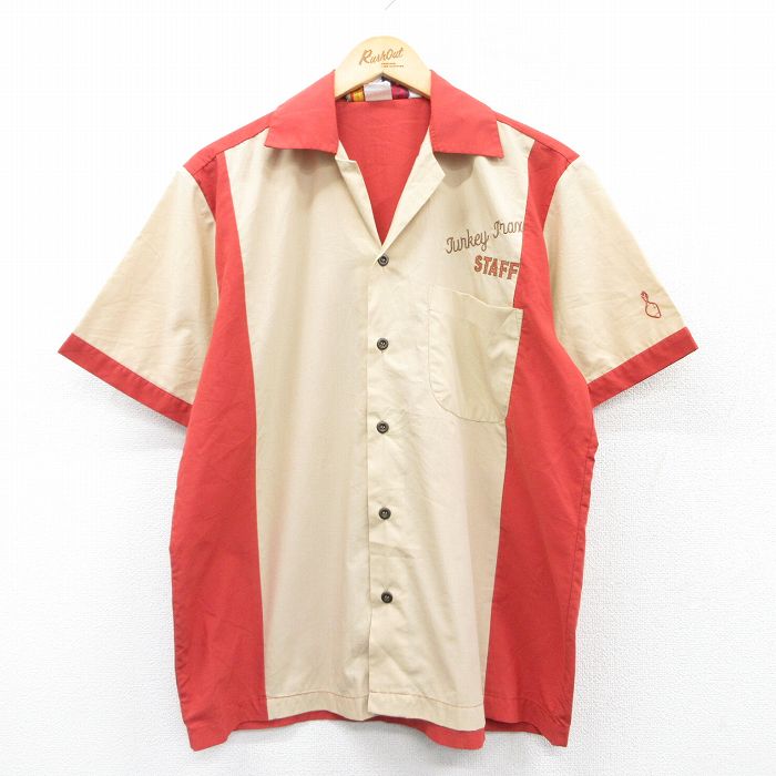 L★古着 半袖 ボウリング シャツ メンズ 90年代 90s ツートンカラー 開襟 オープンカラー ベージュ他 カーキ 【spe】 25apr05 中古 トップス