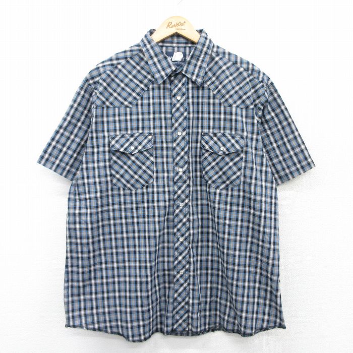 XL★古着 ラングラー Wrangler 半袖 ウエスタン シャツ メンズ 大きいサイズ 紺他 ネイビー チェック 25apr05 中古 トップス