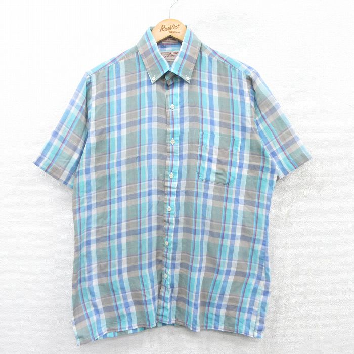 L★古着 アロー 半袖 シャツ メンズ 90年代 90s ボタンダウン 薄紺他 ネイビー チェック 25apr05 中古 トップス