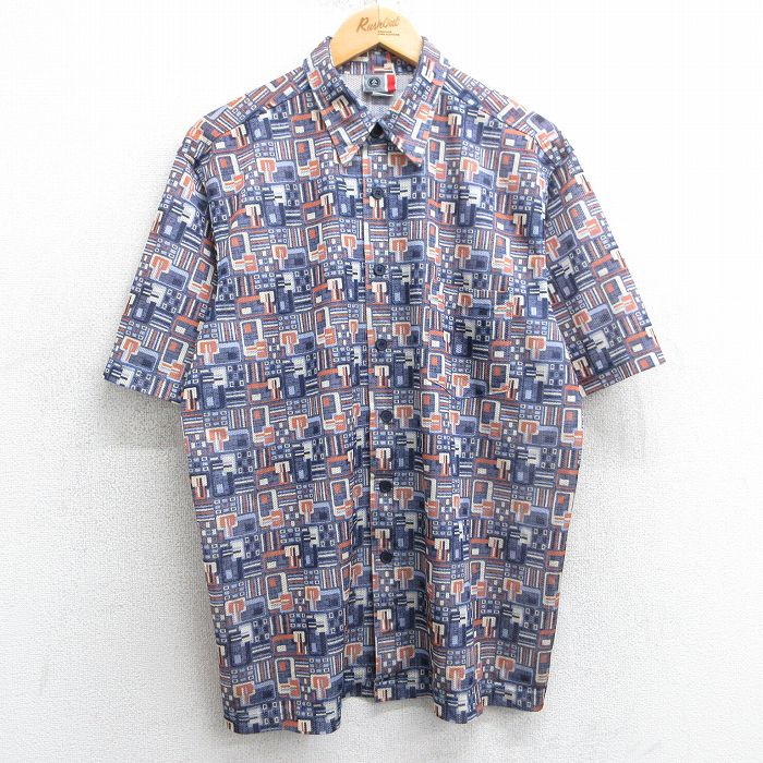 L★古着 アリゾナジーンズ 半袖 シャツ メンズ 00年代 00s 総柄 メッシュ地 紺他 ネイビー 25apr05 中古 トップス