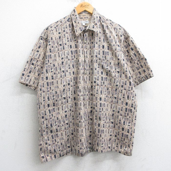 XL★古着 ピエールカルダン pierre cardin 半袖 シャツ メンズ 90年代 90s 総柄 コットン ベージュ他 カーキ 25apr05 中古 トップス