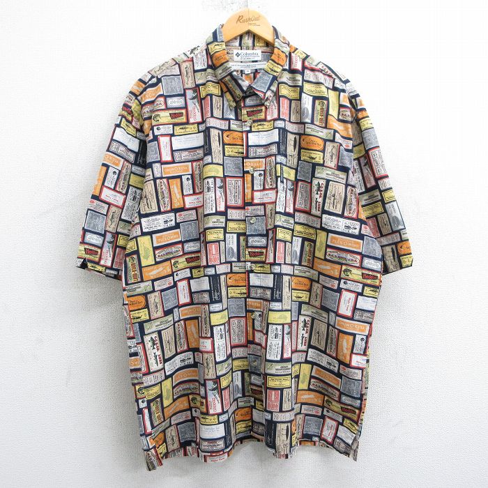 XL★古着 コロンビア COLUMBIA 半袖 シャツ メンズ 00年代 00s 釣り 総柄 大きいサイズ ロング丈 コットン ボタンダウン 黒他 ブラック 【spe】 25apr05 中古 トップス
