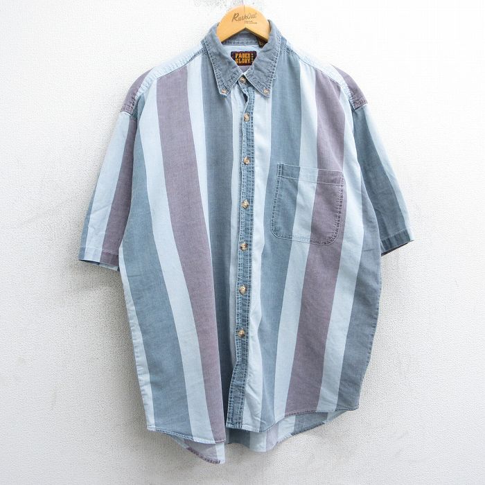 XL★古着 FADED GLORY 半袖 シャツ メンズ 90年代 90s コットン ボタンダウン 薄紺他 ネイビー ストライプ 【spe】 25apr05 中古 トップス