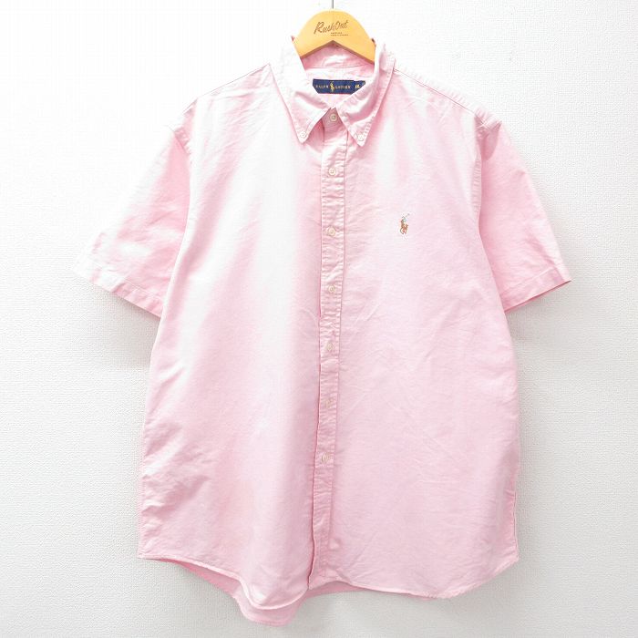 XL★古着 ラルフローレン Ralph Lauren 半袖 ブランド シャツ メンズ ワンポイントロゴ 大きいサイズ ロング丈 コットン ボタンダウン ピンク 25apr05 中古 トップス