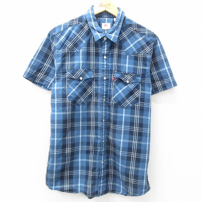L★古着 リーバイス Levis 半袖 ウエスタン シャツ メンズ コットン 紺他 ネイビー チェック 25apr05 中古 トップス