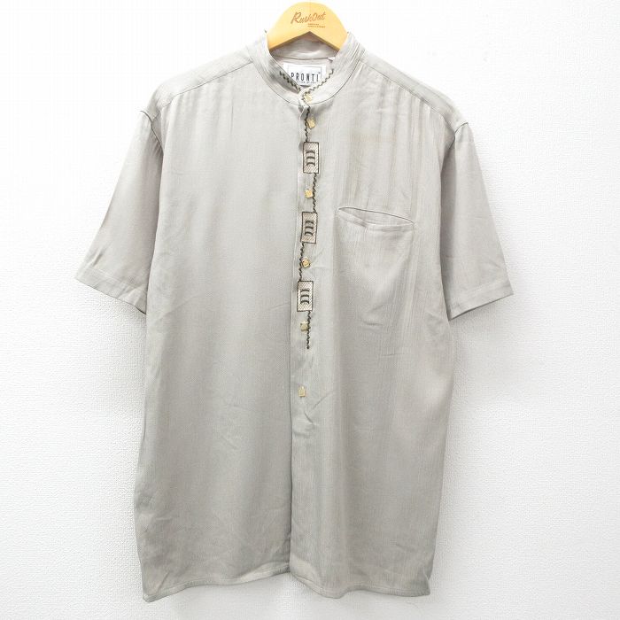 M★古着 半袖 シャツ メンズ 刺繍 レーヨン ノーカラー グレー系 25apr05 中古 トップス