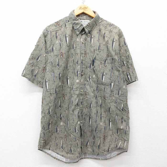 XL★古着 コロンビア COLUMBIA 半袖 シャツ メンズ 00年代 00s ルアー コットン ボタンダウン 緑他 グリーン 25apr05 中古 トップス