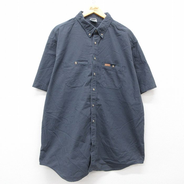 【50%OFF】XL★古着 カーハート Carhartt 半袖 シャツ メンズ 大きいサイズ ロング丈 コットン ボタンダウン 濃紺 ネイビー 25apr05 中古 トップス