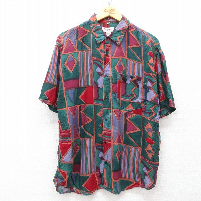 XL★古着 半袖 シャツ メンズ 90年代 90s 総柄 レーヨン 緑他 グリーン 25apr05 中古 トップス