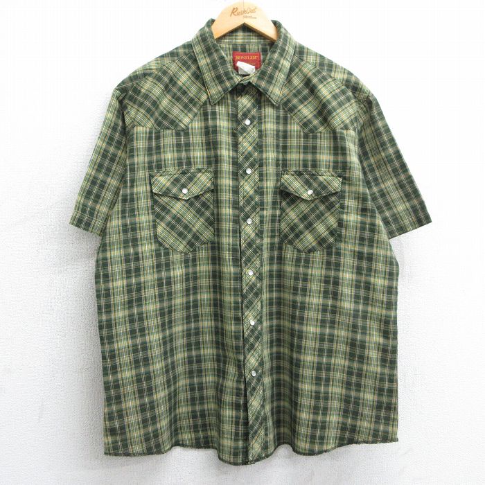 XL★古着 ラスラー 半袖 ウエスタン シャツ メンズ 80年代 80s 大きいサイズ 緑他 グリーン チェック 25apr07 中古 トップス