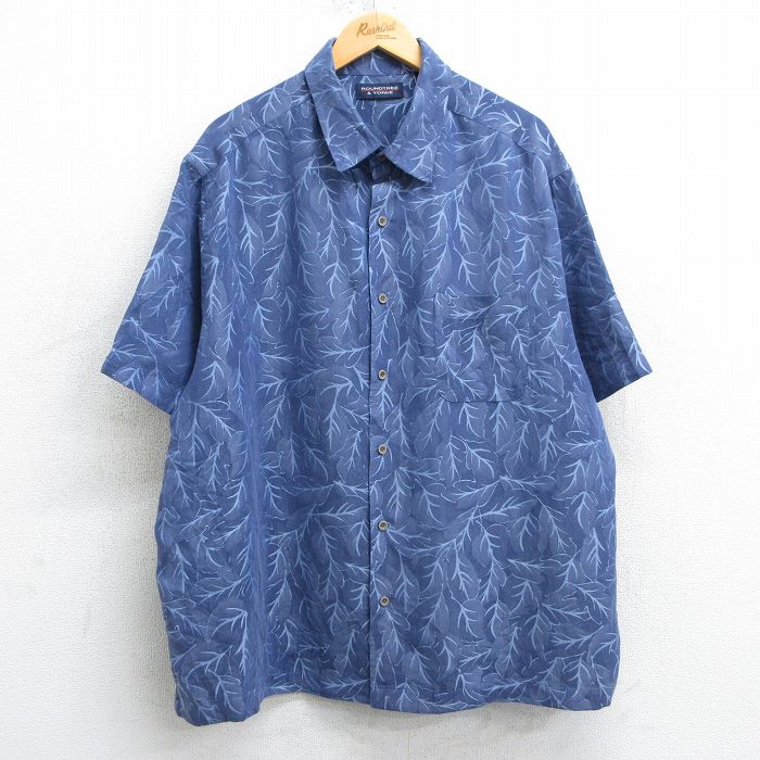 XL★古着 半袖 シャツ メンズ 葉 総柄 大きいサイズ 薄紺 ネイビー 【spe】 25apr07 中古 トップス