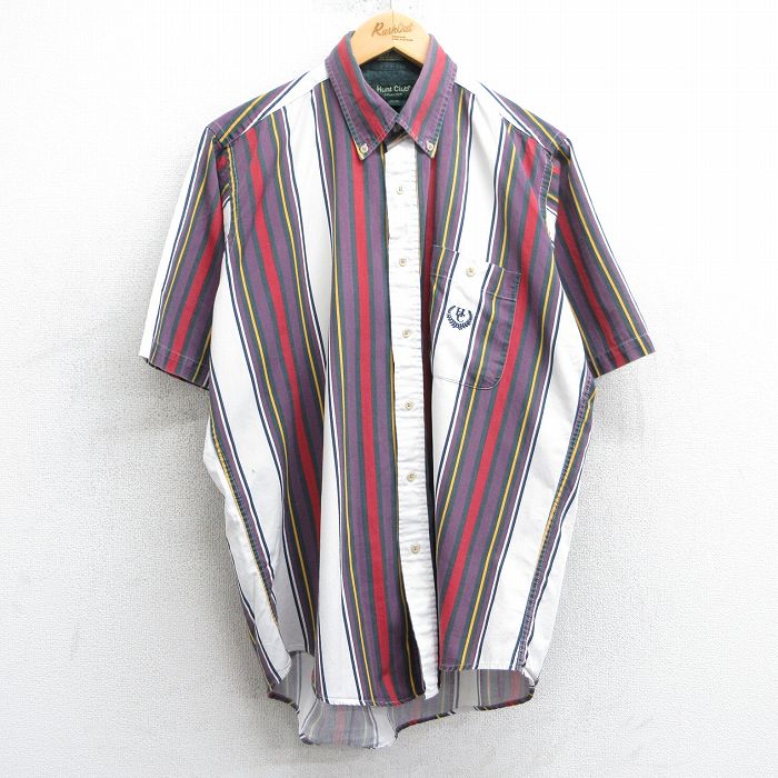 XL★古着 半袖 シャツ メンズ 90年代 90s ワンポイントロゴ コットン ボタンダウン 白他 ホワイト ストライプ 25apr07 中古 トップス