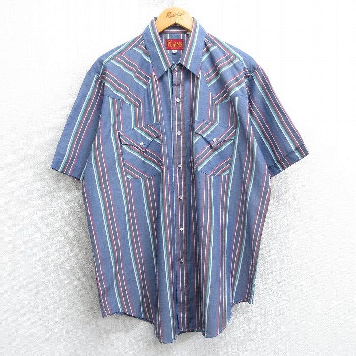 XL★古着 ELY 半袖 ウエスタン シャツ メンズ 90年代 90s 薄紺他 ネイビー ストライプ 25apr07 中古 トップス