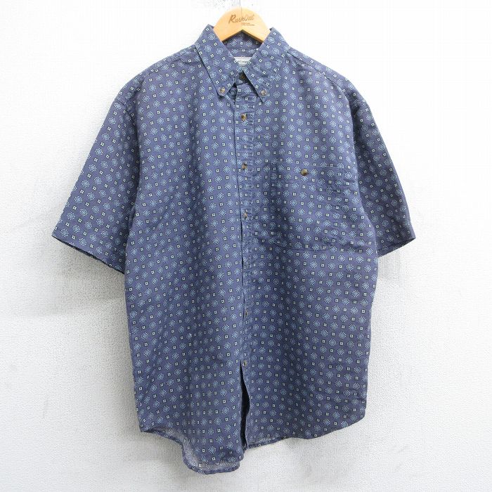 L★古着 ビューグルボーイ 半袖 シャツ メンズ 90年代 90s 総柄 ボタンダウン 紺 ネイビー 25apr07 中古 トップス