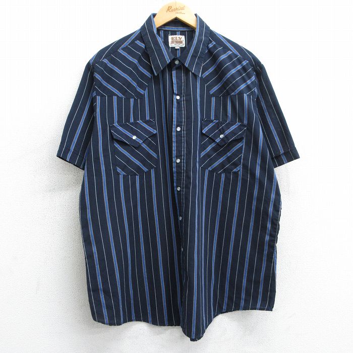 XL★古着 ELY 半袖 ウエスタン シャツ メンズ 90年代 90s 大きいサイズ 濃紺他 ネイビー ストライプ 25apr07 中古 トップス