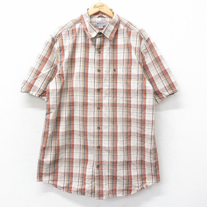 XL★古着 カーハート Carhartt 半袖 シャツ メンズ ロング丈 コットン ベージュ他 カーキ チェック 25apr07 中古 トップス