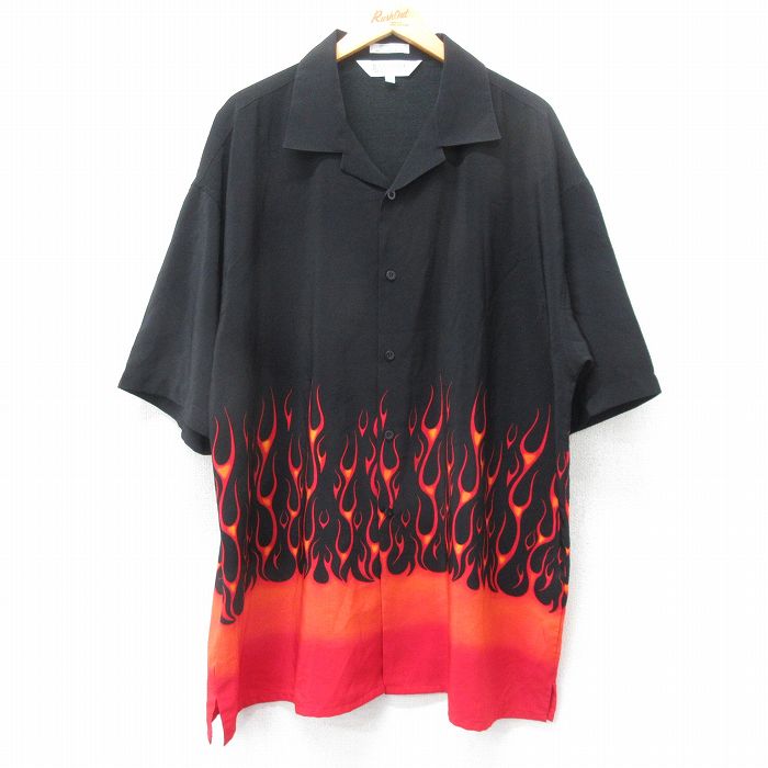 【50%OFF】XL★古着 半袖 シャツ メンズ 00年代 00s ファイヤーパターン 大きいサイズ ロング丈 コットン 黒 ブラック 【spe】 25apr07 中古 トップス