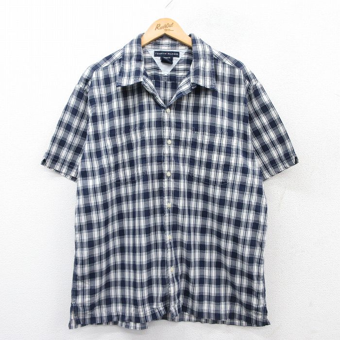 XL★古着 トミーヒルフィガー TOMMY HILFIGER 半袖 ブランド シャツ メンズ コットン 開襟 オープンカラー 紺他 ネイビー チェック 25apr07 中古 トップス