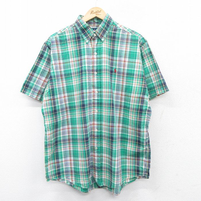 XL★古着 ラルフローレン Ralph Lauren 半袖 ブランド シャツ メンズ 90年代 90s ワンポイントロゴ コットン ボタンダウン 緑他 グリーン チェック 25apr07 中古 トップス