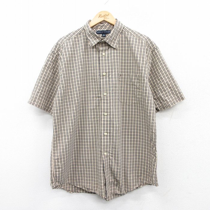 XL★古着 トミーヒルフィガー TOMMY HILFIGER 半袖 ブランド シャツ メンズ ワンポイントロゴ コットン ベージュ他 カーキ チェック 25apr07 中古 トップス