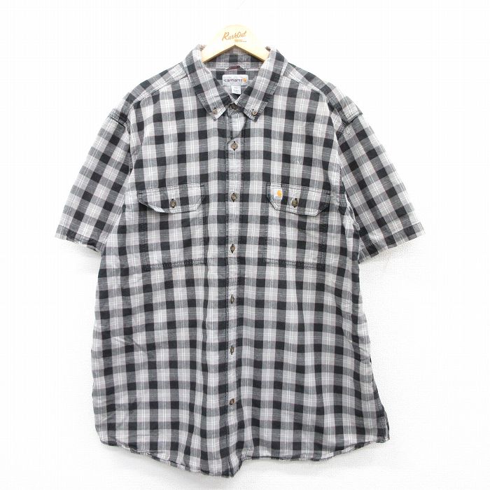 XL★古着 カーハート Carhartt 半袖 シャツ メンズ 大きいサイズ コットン ボタンダウン グレー他 チェック 25apr07 中古 トップス