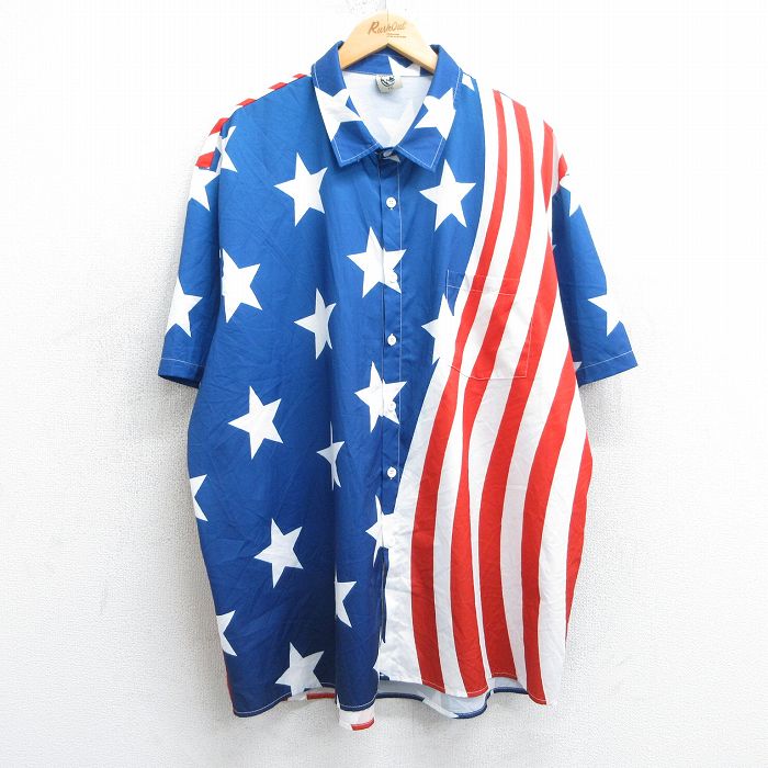 【20%OFF】XL★古着 半袖 シャツ メンズ 星条旗 大きいサイズ 青他 ブルー 25apr07 中古 トップス