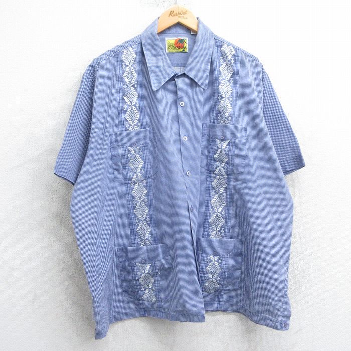 XL★古着 HABAND 半袖 キューバ シャツ メンズ 90年代 90s 大きいサイズ 紺他 ネイビー チェック 【spe】 25apr07 中古 トップス