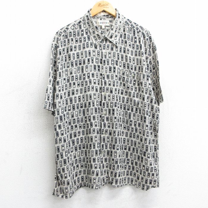 XL★古着 半袖 シャツ メンズ 90年代 90s 総柄 レーヨン ベージュ他 カーキ 25apr07 中古 トップス