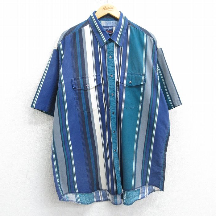 XL★古着 ラングラー Wrangler 半袖 ウエスタン シャツ メンズ 90年代 90s 大きいサイズ コットン 紺他 ネイビー ストライプ 25apr07 中古 トップス