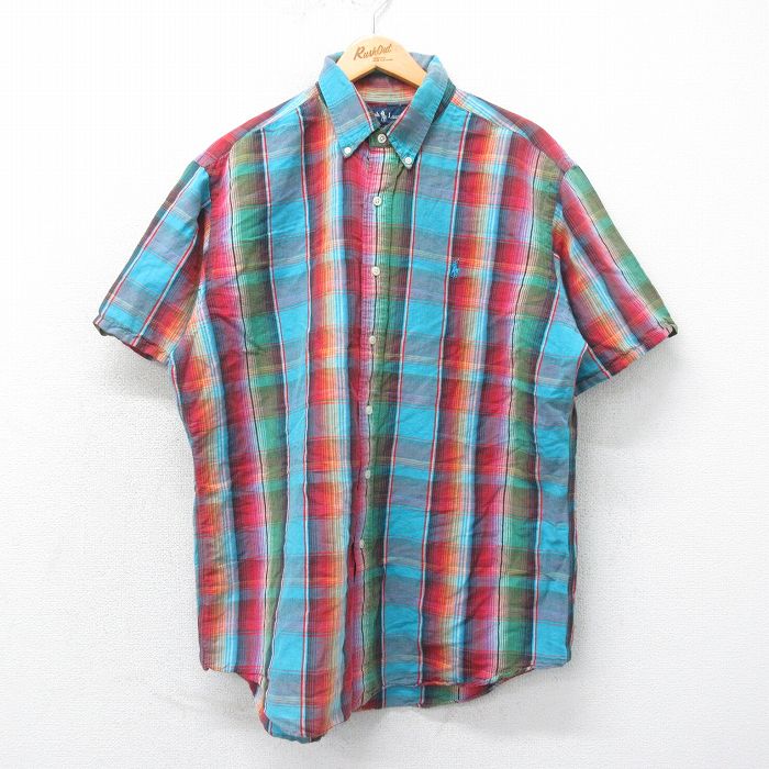 XL★古着 ラルフローレン Ralph Lauren 半袖 ブランド シャツ メンズ 90年代 90s ワンポイントロゴ 大きいサイズ リネン ボタンダウン 薄紺他 ネイビー チェック 【spe】 25apr07 中古 トップス