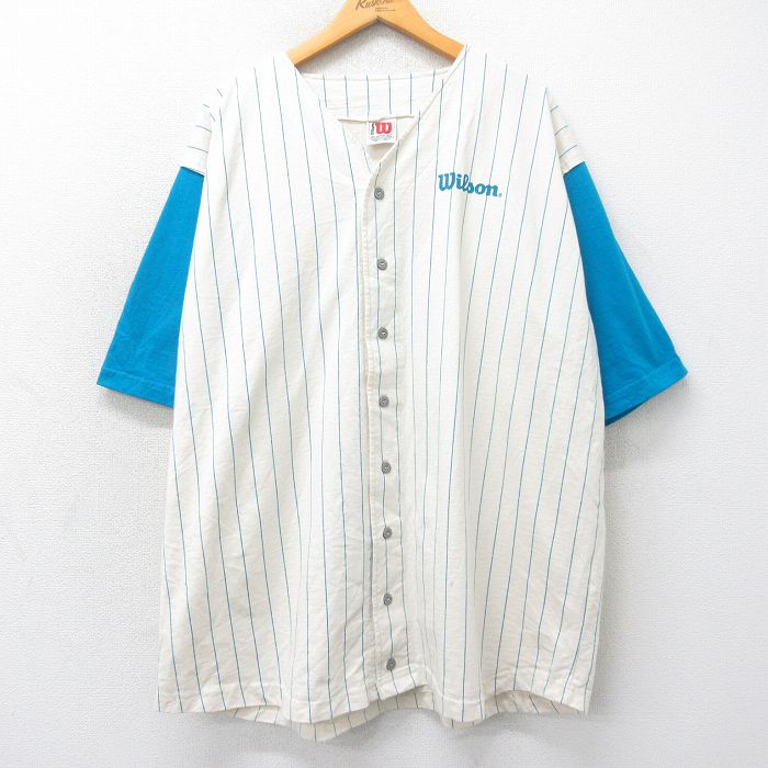 XL★古着 ウィルソン 半袖 ベースボール シャツ メンズ 90年代 90s ワンポイントロゴ 大きいサイズ ロング丈 コットン 生成り他 ストライプ 【spe】 25apr07 中古 トップス