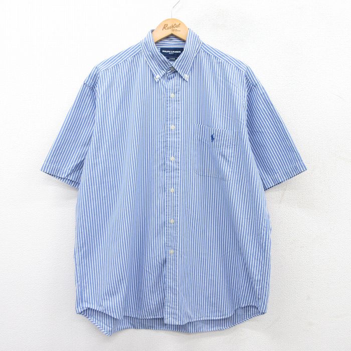 XL★古着 ラルフローレン Ralph Lauren ゴルフ 半袖 ブランド シャツ メンズ 90年代 90s ワンポイントロゴ TILDEN 大きいサイズ コットン ボタンダウン 薄紺他 ネイビー ストライプ 25apr09 中古 トップス
