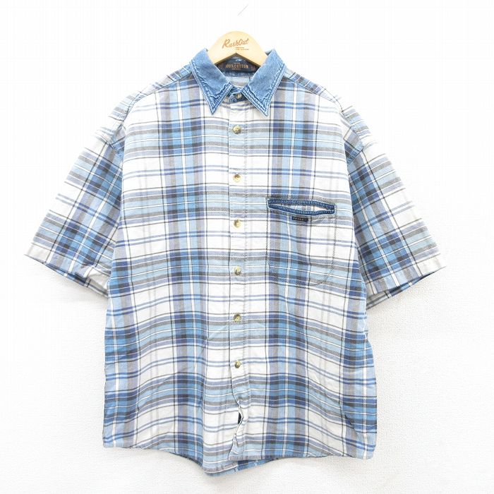 90s 半袖シャツ 襟デニム ネイビーチェック XL | 古着
