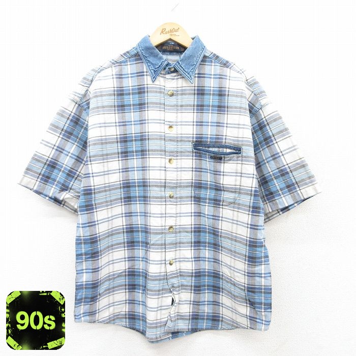 90s 半袖シャツ 襟デニム ネイビーチェック XL | 古着