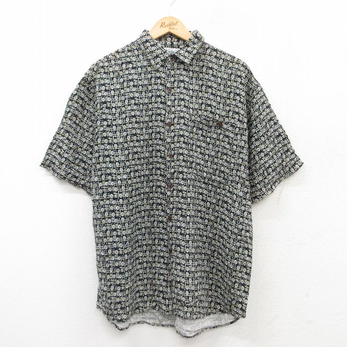 L★古着 ベーシックエディションズ 半袖 シャツ メンズ 00年代 00s 総柄 レーヨン 黒他 ブラック 25apr09 中古 トップス