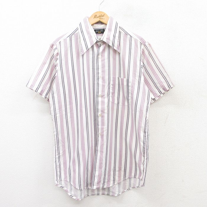 M★古着 半袖 シャツ メンズ 70年代 70s 白他 ホワイト ストライプ 25apr09 中古 トップス