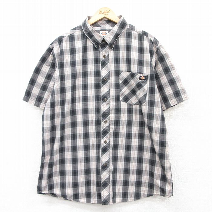 XL★古着 ディッキーズ Dickies 半袖 シャツ メンズ 大きいサイズ ロング丈 ボタンダウン 黒他 ブラック チェック 25apr09 中古 トップス