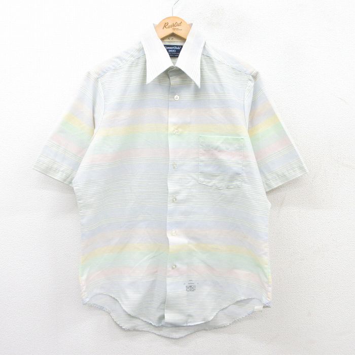 L★古着 半袖 シャツ メンズ 70年代 70s USA製 薄紺他 ネイビー ボーダー 25apr10 中古 トップス