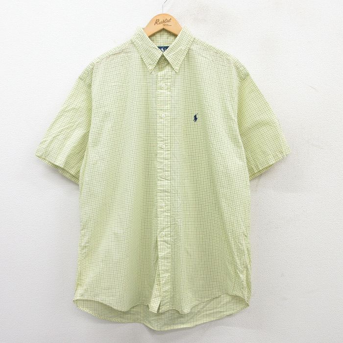 XL★古着 ラルフローレン Ralph Lauren 半袖 ブランド シャツ メンズ 90年代 90s ワンポイントロゴ BLAKE 大きいサイズ コットン ボタンダウン 薄黄他 イエロー チェック 25apr10 中古 トップス