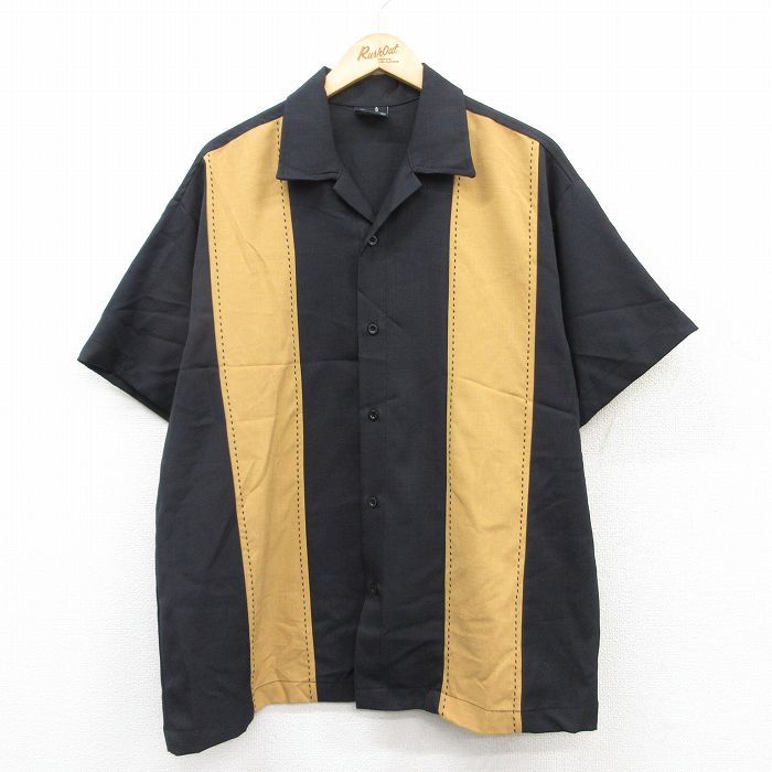 XL★古着 半袖 シャツ メンズ 大きいサイズ 開襟 オープンカラー 黒他 ブラック 25apr10 中古 トップス