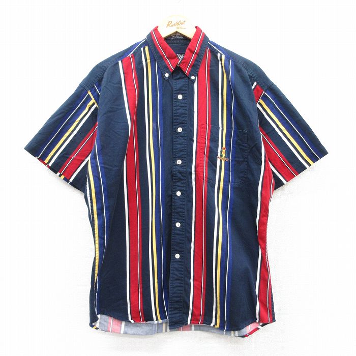 L★古着 ラルフローレン Ralph Lauren チャップス 半袖 ブランド シャツ メンズ 90年代 90s ワンポイントロゴ コットン ボタンダウン 紺他 ネイビー ストライプ 25apr10 中古 トップス