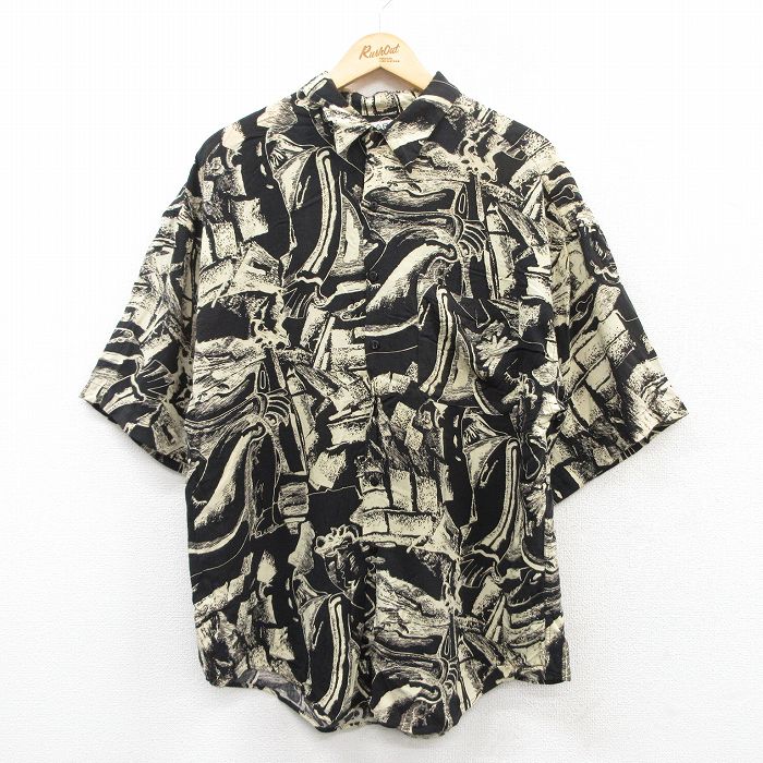 L★古着 半袖 シャツ メンズ レーヨン 黒他 ブラック 25apr10 中古 トップス