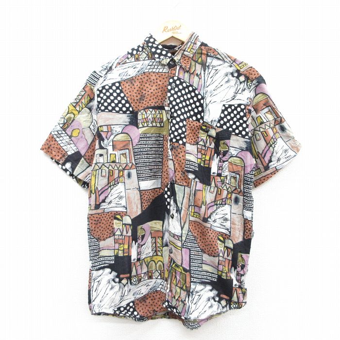 【50%OFF】M★古着 半袖 シャツ メンズ 90年代 90s コットン 黒他 ブラック 25apr10 中古 トップス