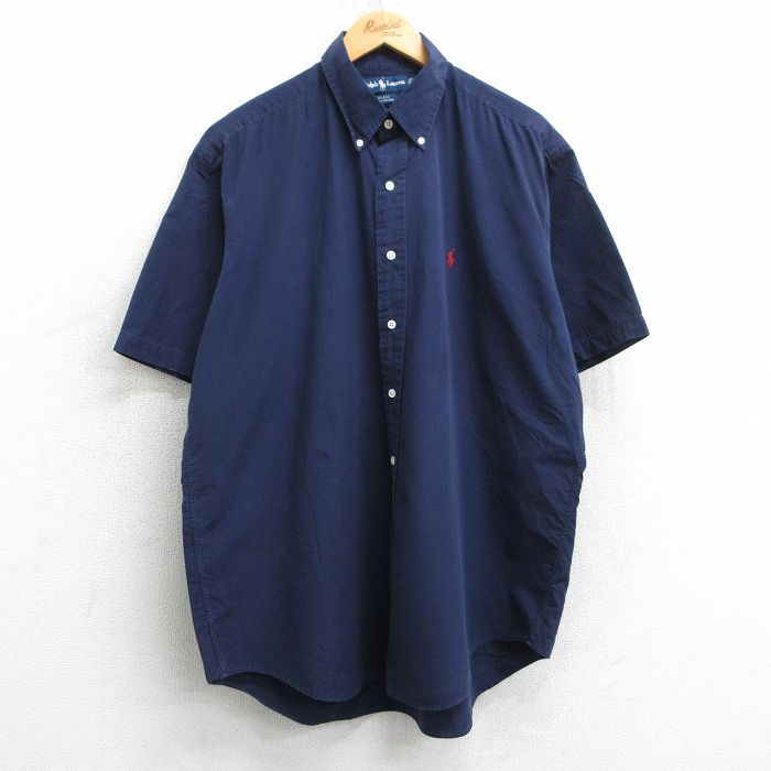 XL★古着 ラルフローレン Ralph Lauren 半袖 ブランド シャツ メンズ 90年代 90s ワンポイントロゴ BLAKE 大きいサイズ コットン ボタンダウン 紺 ネイビー 25apr10 中古 トップス