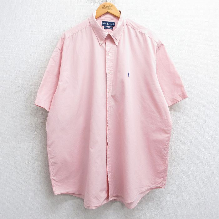 XL★古着 ラルフローレン Ralph Lauren 半袖 ブランド シャツ メンズ 90年代 90s ワンポイントロゴ BLAKE 大きいサイズ ロング丈 コットン ボタンダウン 薄ピンク 25apr10 中古 トップス