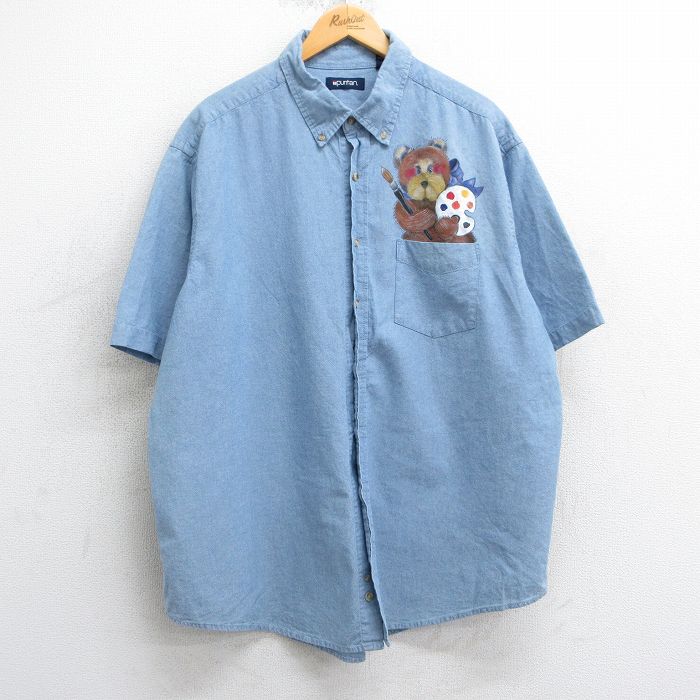 XL★古着 ピューリタン 半袖 シャツ メンズ 00年代 00s クマ ハンドペイント 大きいサイズ コットン ボタンダウン 薄紺 ネイビー 25apr10 中古 トップス